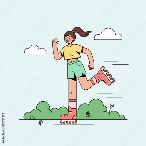 Flat Vector Spring Rollerblading Girl Illustration