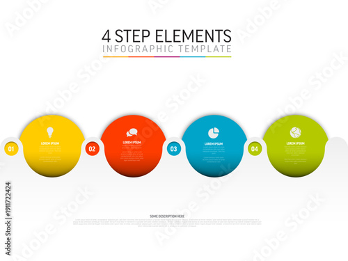 4 step infographic template with four circles in yellow, red, blue, green colors. 4 step infographic visually represents four steps process using four circles.