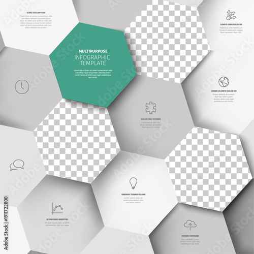 Professional infographic template with three big hexagon photo placeholders featuring a 3D hexagonal layout for data visualization. Hexagonal infographic template with place for your custom photos.