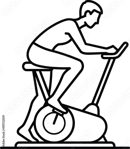 A minimalist line drawing of a person riding a stationary exercise bike for fitness training