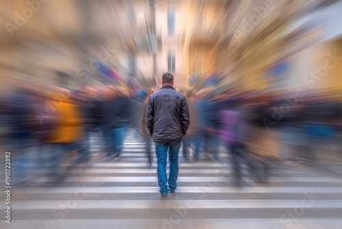In a vibrant crowd at a pedestrian crossing, one person stands still, surrounded by the rush of others moving in all directions