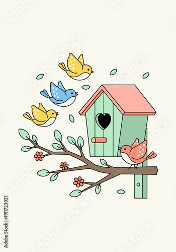 Flat Vector Spring Birds and Birdhouse Illustration