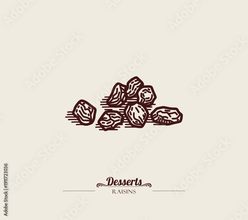 Pile of raisins, line art illustration. Dried fruit, no sugar grape.Line art illustration. Vector hand drawn sketch.