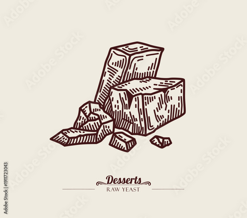 Raw compressed yeast, bread ingredient. Line art, sketch style. Vector hand drawn illustration