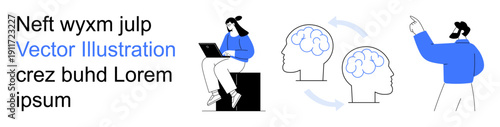 Education, productivity, teamwork, innovation, knowledge sharing, cognitive development. Person using a laptop, brain diagrams showing interaction. Education and productivity concept
