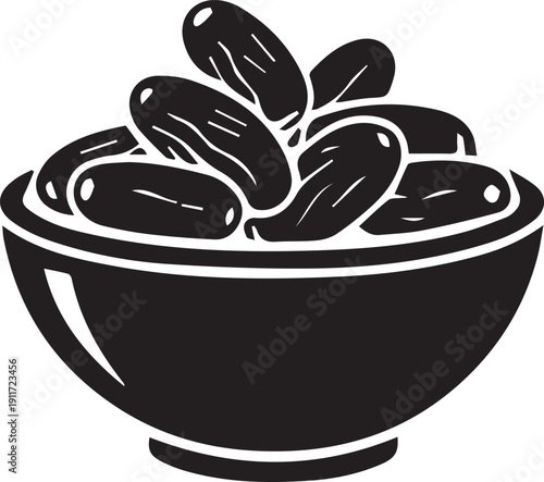 Bowl of Dates Black and White Illustration for Ramadan and Middle Eastern Cuisine