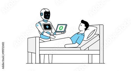 An advanced medical robot provides compassionate care to a male patient resting comfortably in a hospital bed, illustrating innovative healthcare technology.