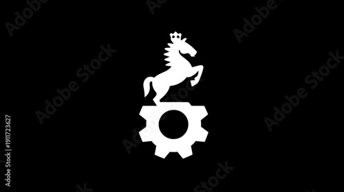 A white silhouette of a rearing horse with a crown atop a gear on a solid black background