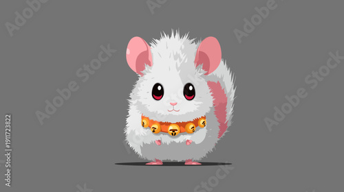 Adorable cartoon chinchilla with fluffy white fur, pink ears and tail, wearing a bell necklace