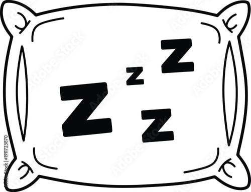 Simple black and white line drawing of a soft rectangular pillow with zzz sleep symbols on it