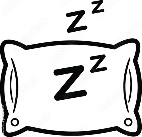 Minimalist black and white line art illustration of a soft pillow with sleep symbols