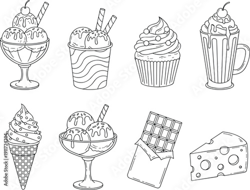 Assortment of Hand Drawn Desserts and Treats in Outline Style ice cream sundae