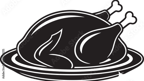 Roast Turkey or Chicken on Platter Black and White Silhouette Illustration