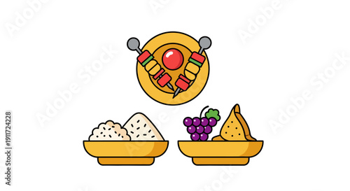 Ramadan Iftar Food Illustration with Satay, Rice, and Samosa on Golden Plates, Traditional Muslim Halal Meal Concept for Eid Mubarak Celebration