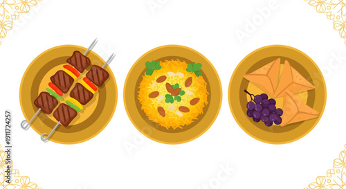 Ramadan Kareem Iftar Food Set with Beef Kebabs Biryani Rice and Samosas Illustration