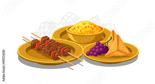 Traditional Middle Eastern Food Iftar Meal with Beef Kebab Biryani Rice and Samosa Illustration