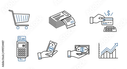 Set of retail and transaction icons featuring shopping cart, credit card payment, and pos terminal