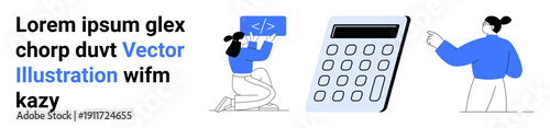 Education, coding, collaboration, teamwork, learning, software development. Person holding a code symbol, a calculator and another person pointing. Coding and collaboration concepts
