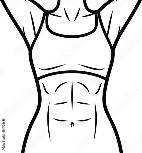 Line drawing of a woman's fit torso with defined abdominal muscles and raised arms