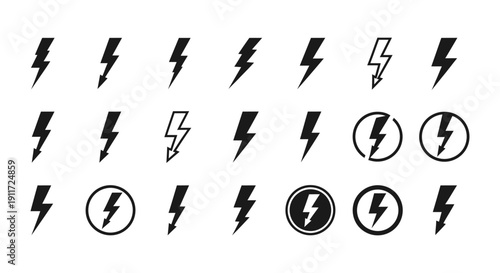 a diverse set of black lightning bolt icons power symbols and electric energy signs ideal for warning speed technology and charging concepts in graphic design applications.