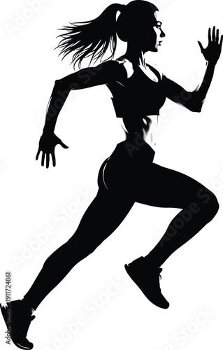 Black silhouette of a fit woman sprinting in athletic wear isolated on a white background.