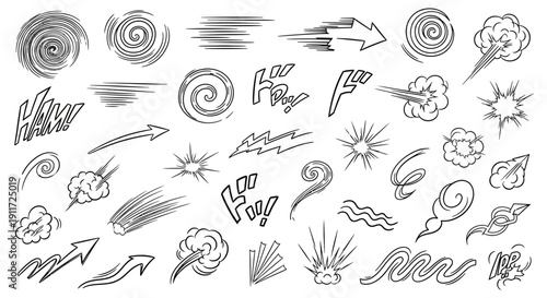 hand-drawn comic book design elements speed lines explosion smoke manga symbols for dynamic action and motion effects.