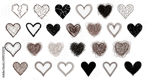 hand-drawn heart illustrations showcasing broken tangled scribbled and whole forms representing love emotion and graphic design elements.