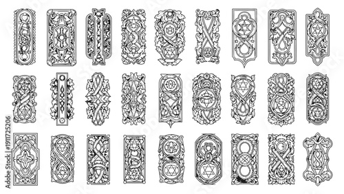 collection of ornate decorative frames with esoteric symbols intricate patterns evoking ancient magic alchemy and spiritual design.
