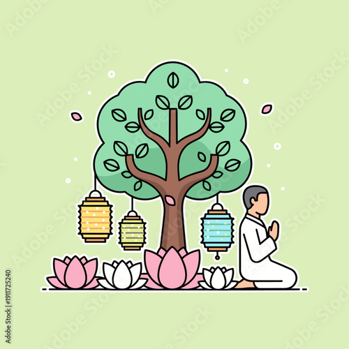 Flat Vector Vesak Day Celebration Scene