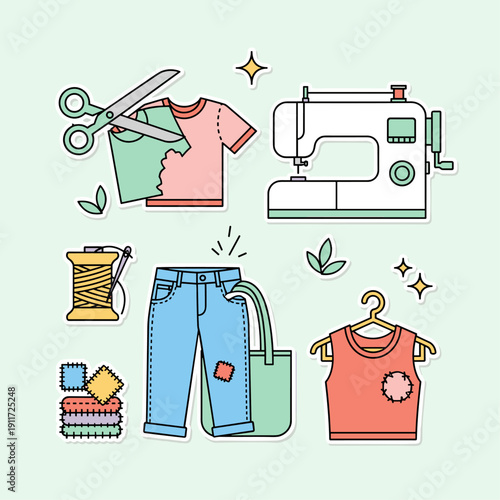 Flat Vector Upcycling Clothes Sewing Icon Set