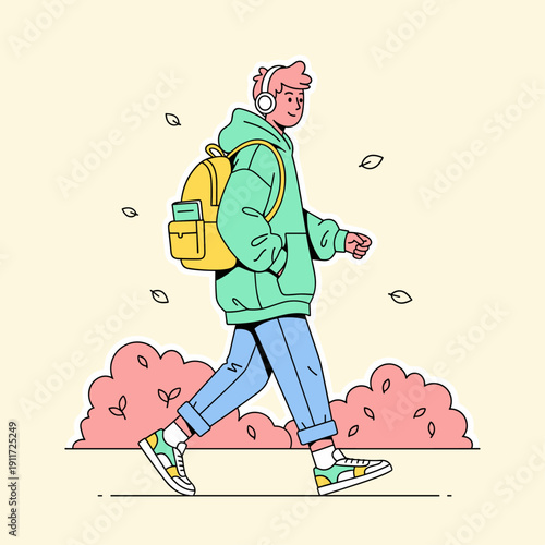 Trendy Campus Student with Backpack Flat Vector Illustration