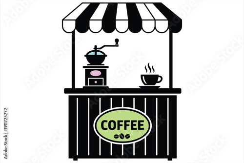 Coffee stand with grinder cup of coffee and sign on white background shop kiosk