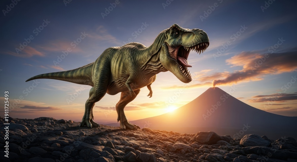 Naklejka premium A dinosaur roars loudly on rocky terrain against a volcanic landscape at sunset from a low angle viewpoint