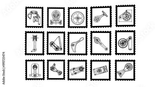 technical drawings of mechanical engineering components and industrial mechanisms presented as a unique vintage stamp grid perfect for design.