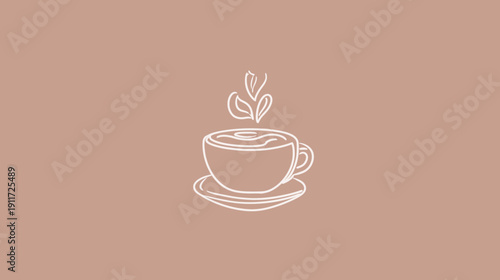Minimalist line art depicting a coffee cup on a saucer, with steam rising up. Earth tone background