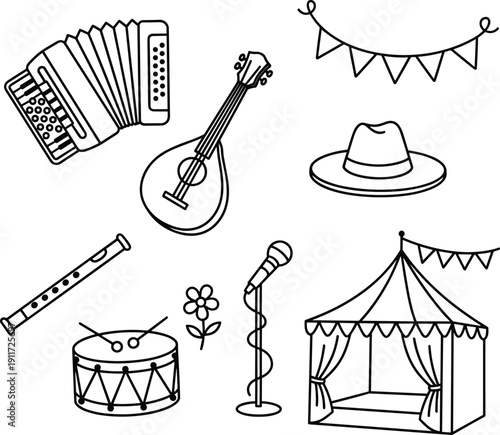 Collection of Outline Illustrations of Musical Instruments and Festival Elements accordion mandolin