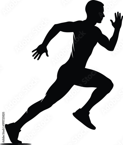 Silhouette of a male athlete sprinting with intense energy and speed on a white background