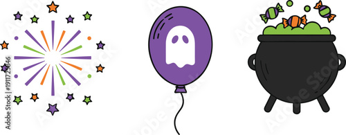 Halloween icons ghost balloon cauldron fireworks and candy on white background Keywords: halloween, ghost, balloon, cauldron