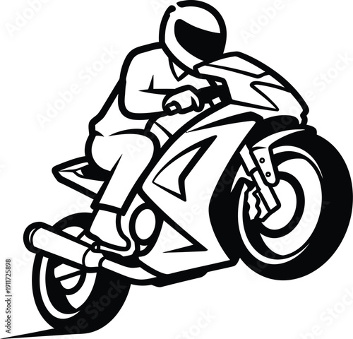 Black and white line drawing of a motorcyclist performing a wheelie on a sport bike