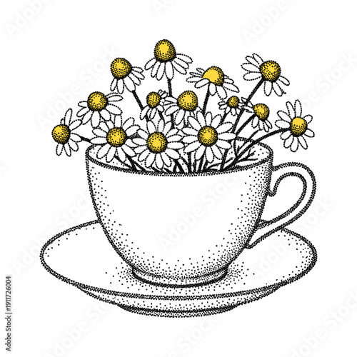 chamomile flowers in a cup illustration in minimalist stippling effect, vintage herbal tea art