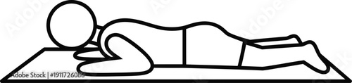 Stick figure illustration of a person lying prone on a mat performing a yoga stretch.