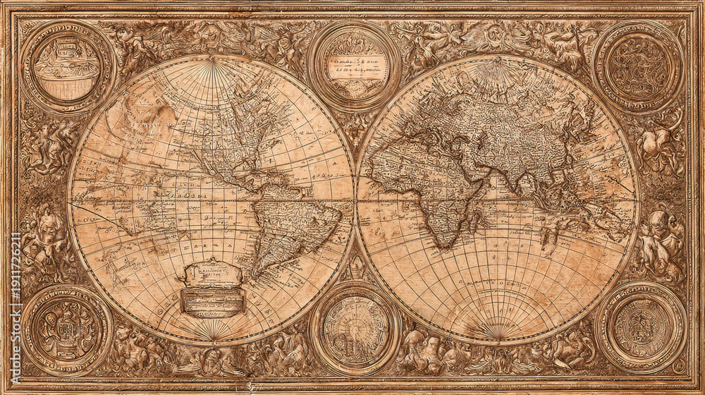Obraz premium Vintage world map with aged parchment texture, detailed cartography in warm sepia tones for an antique aesthetic. 