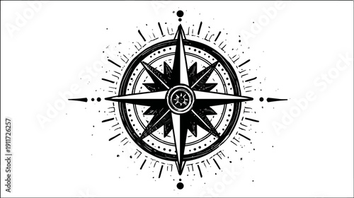 A detailed, monochrome illustration of a compass rose with ornate details. The design is bold