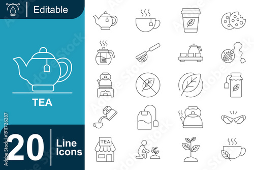 Collection of diverse tea-related line icons, perfect for digital and print design projects emphasizing the beverage's cultural significance and preparation