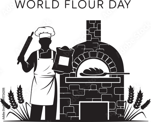 World Flour Day Baker Silhouette with Bread Oven and Wheat Ears