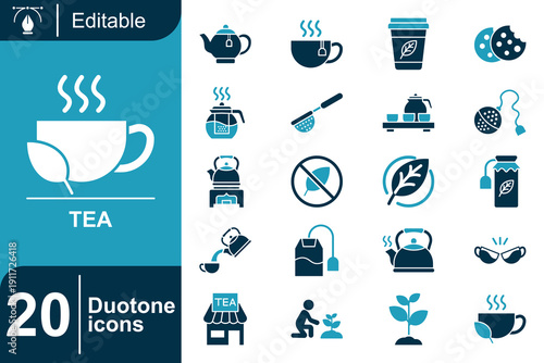 Tea Icons Set - Collection of 20 Duotone Icons for Beverage, Hot Drinks, and Refreshments