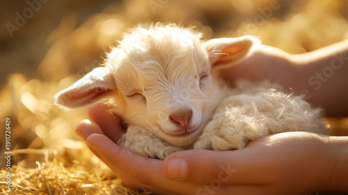 A baby lamb is sleeping in a person's arms. The lamb is small and fluffy, and its eyes are closed. Concept of warmth and tenderness, as the person is holding the lamb close to their chest