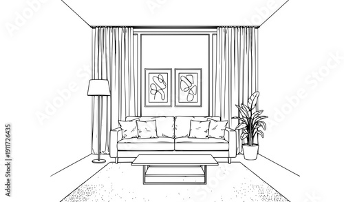 Modern Living Room Interior Black and White Line Art Sketch Vector Illustration