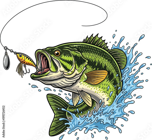 Illustration of a largemouth bass jumping from the water to strike a fishing lure.
