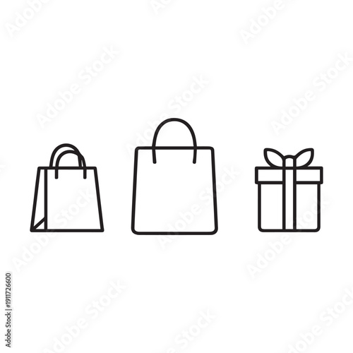 Simple line icons of shopping bags and gift box on white background for commerce use